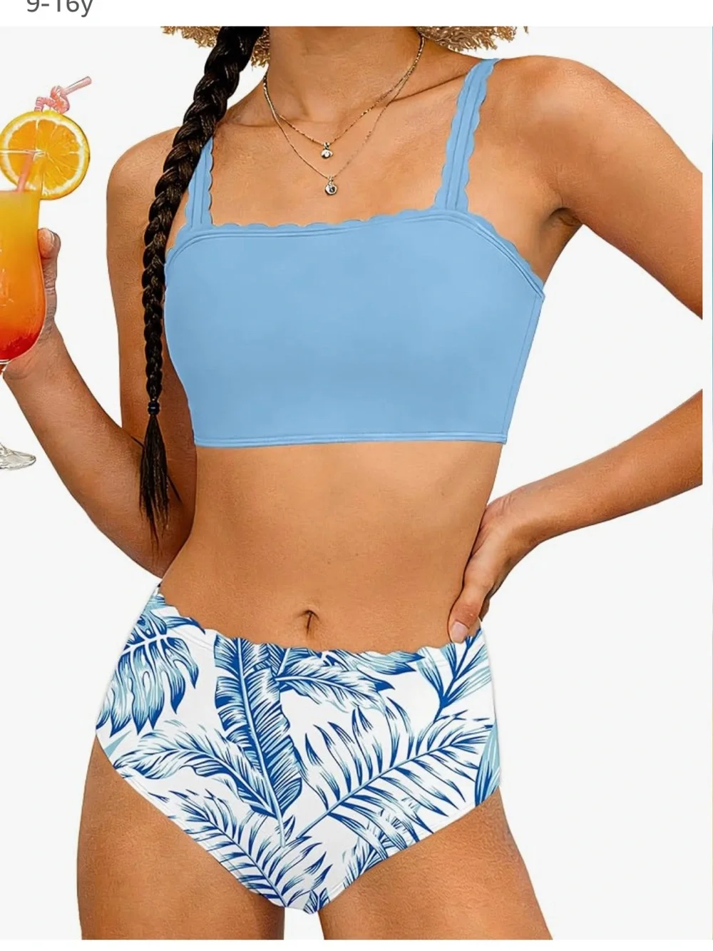 Light Blue Scallop Tank Bikini Top with Blue Palm-Print High-Waist Bottom